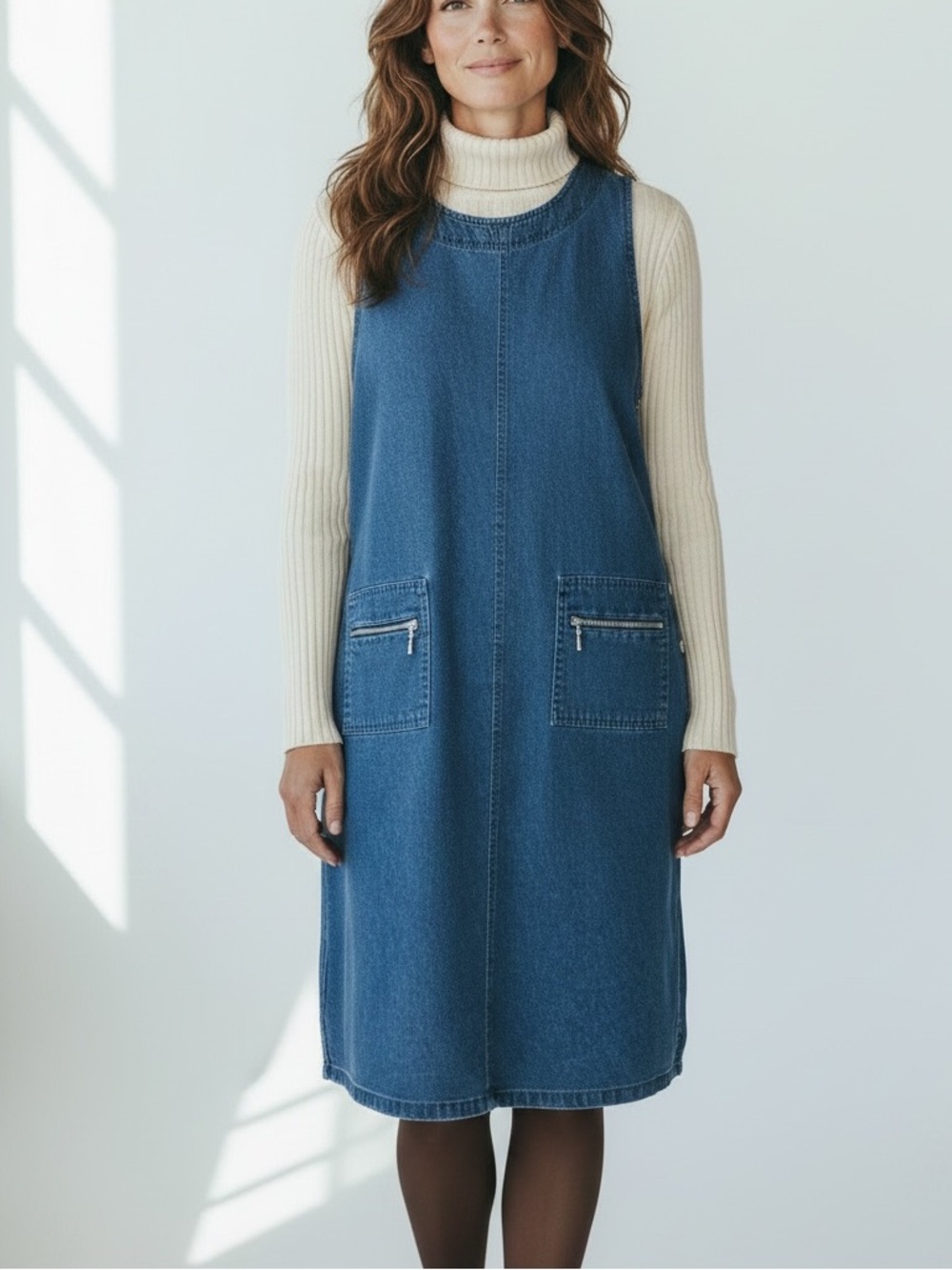 VTG TY Blue Cotton Denim Sleeveless Jumper Midi Dress, Side Buttons - Size 12